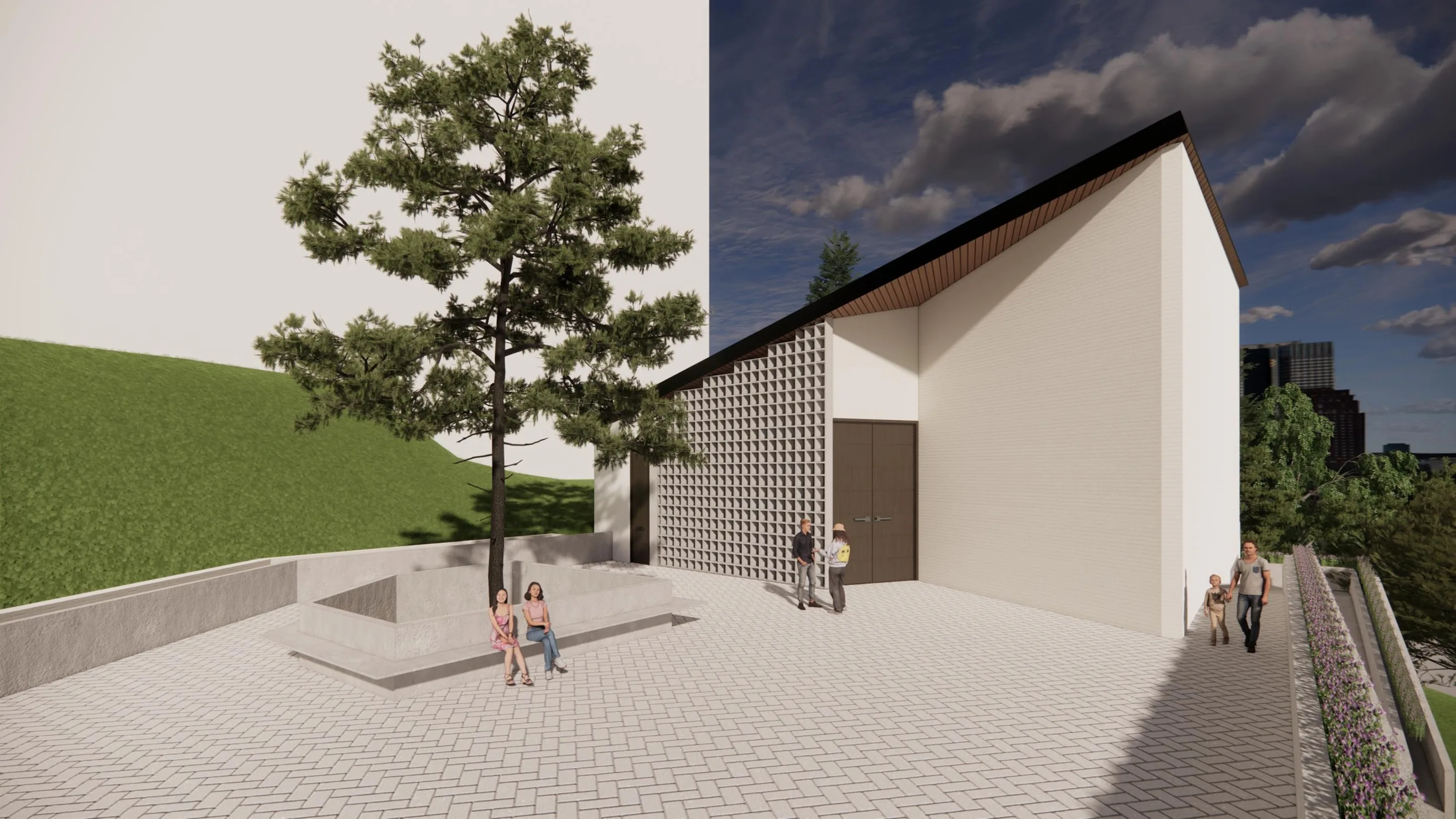 Render de la plaza con el pino y su banco de hormigón alrededor, frente a la fachada de celosía cerámica y el volumen de cubierta inclinada