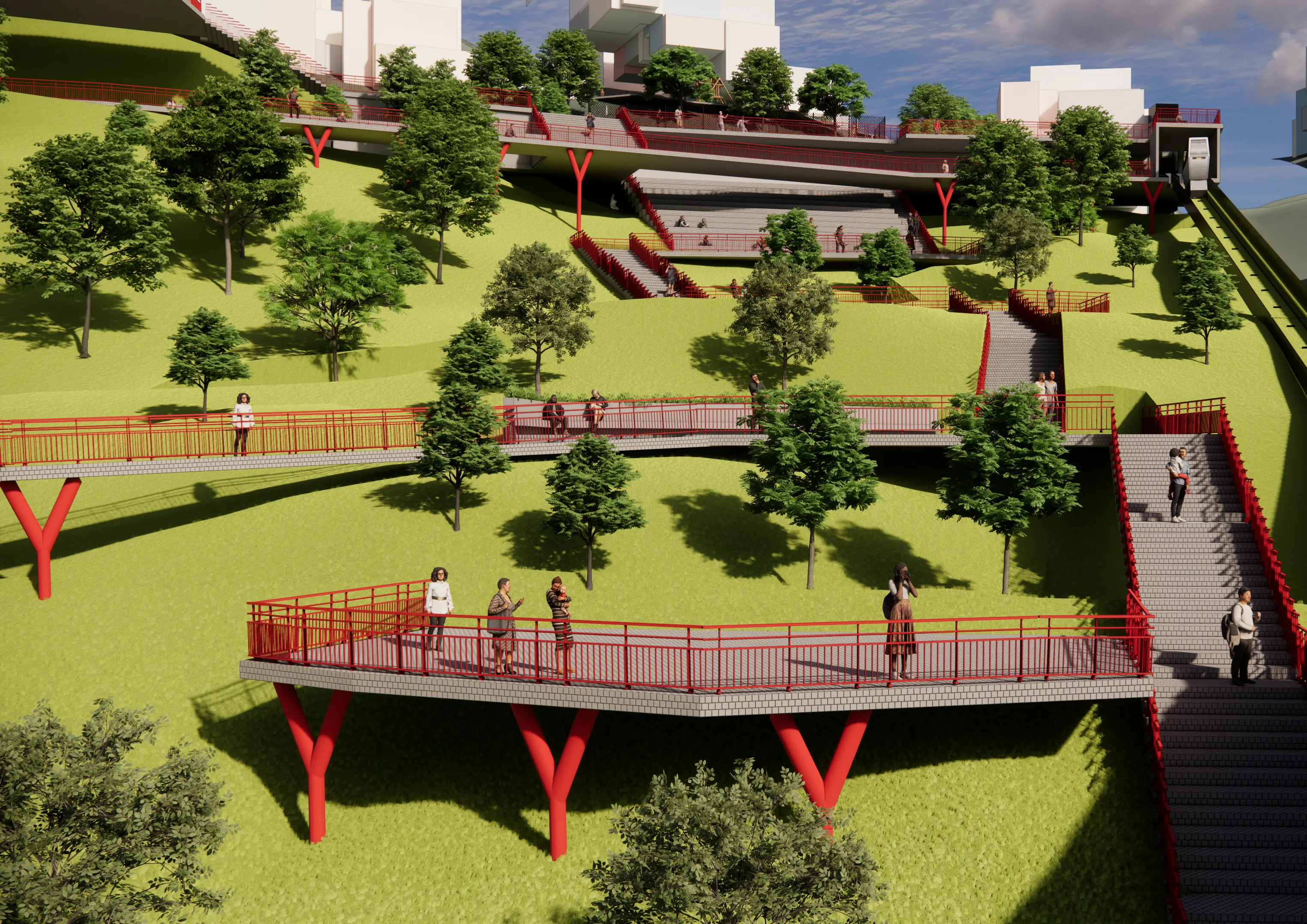 Render del recorrido peatonal en ladera: pasarelas y miradores sobre pilares rojos en forma de Y, escaleras y terrazas de césped entre los árboles