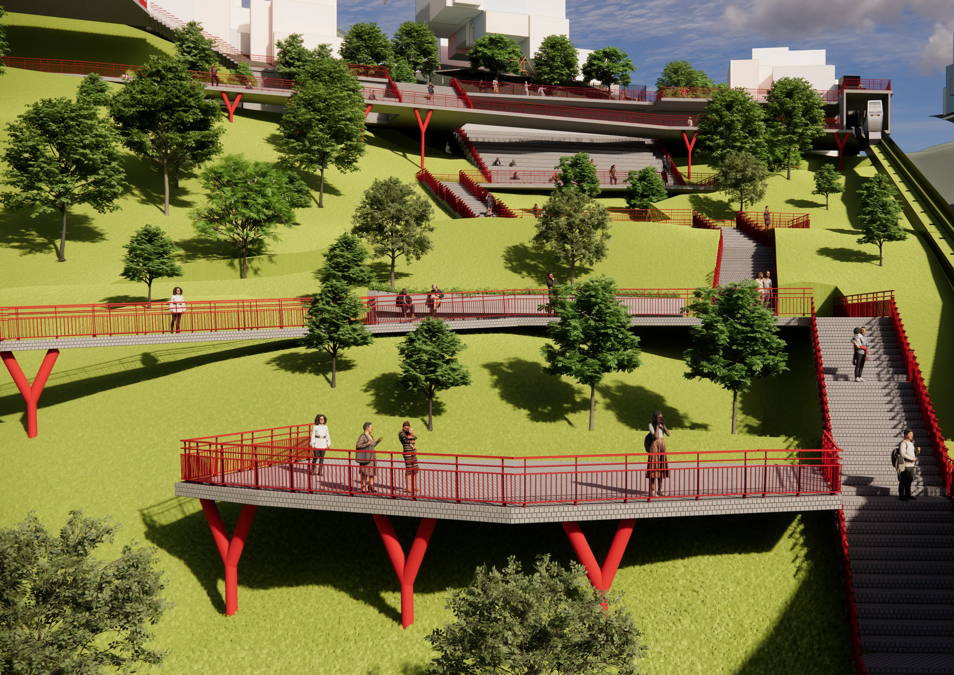 Render del recorrido peatonal en ladera: pasarelas y miradores sobre pilares rojos en forma de Y, escaleras y terrazas de césped entre los árboles