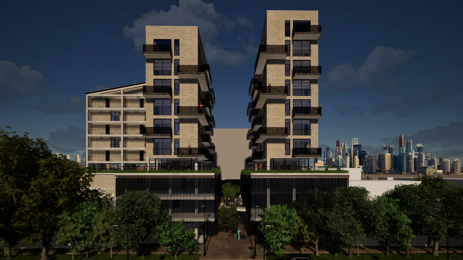 Render de las dos torres de vivienda vistas desde la calle, con la base comercial y la terraza ajardinada sobre ella